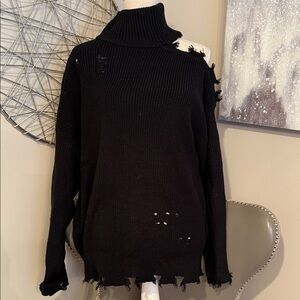 Black Distressed Turtleneck Sweater - Size Large